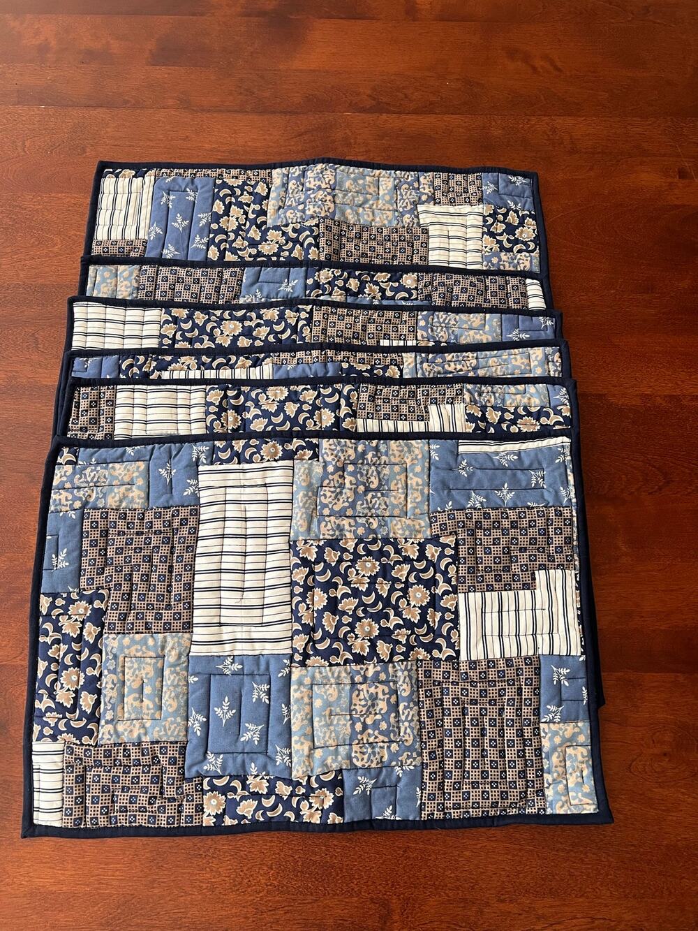 Pottery Barn 6 Piece 100% Organic Cotton Quilted Placemats Blue Tones Patchwork